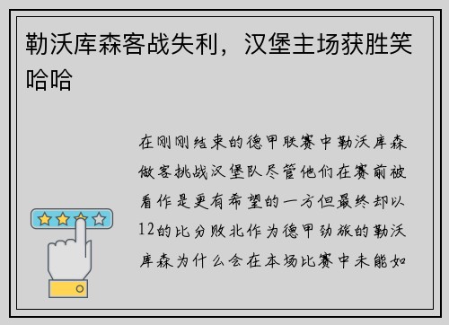 勒沃库森客战失利，汉堡主场获胜笑哈哈